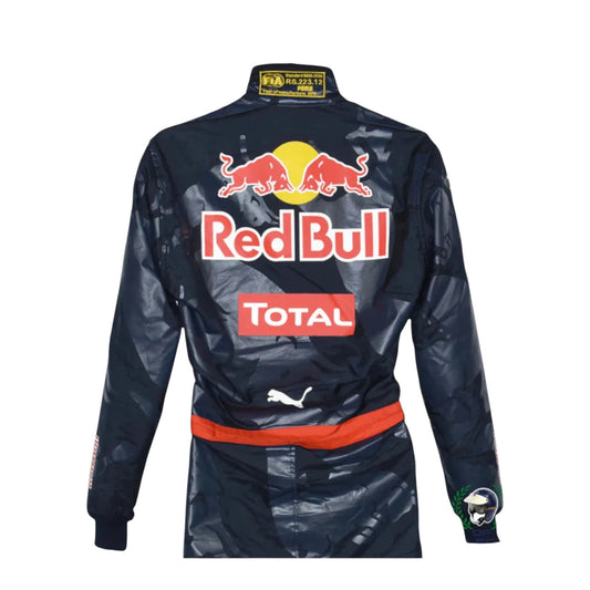 2016 Max Verstappen Italian GP Red Bull Racing F1 suit in black, featuring Red Bull and Total logos on a plain white background.”