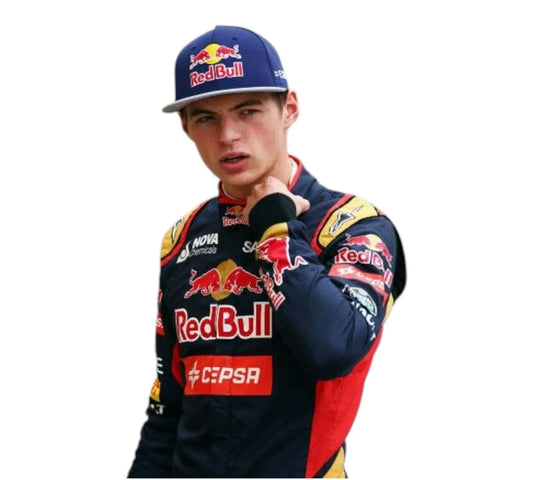 A person wearing a Red Bull racing suit and cap, standing against a plain white background.