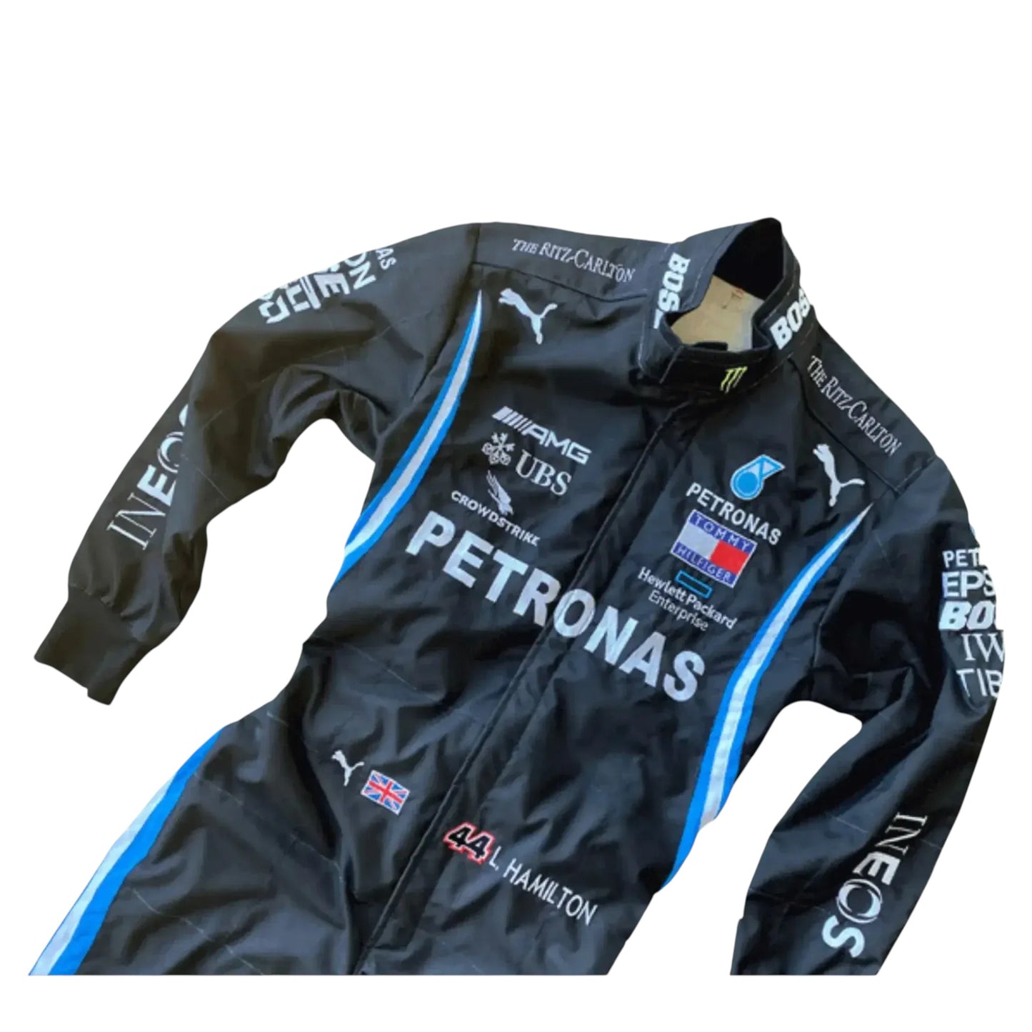 Angled view of 2021 Lewis Hamilton Mercedes F1 embroidery racing suit