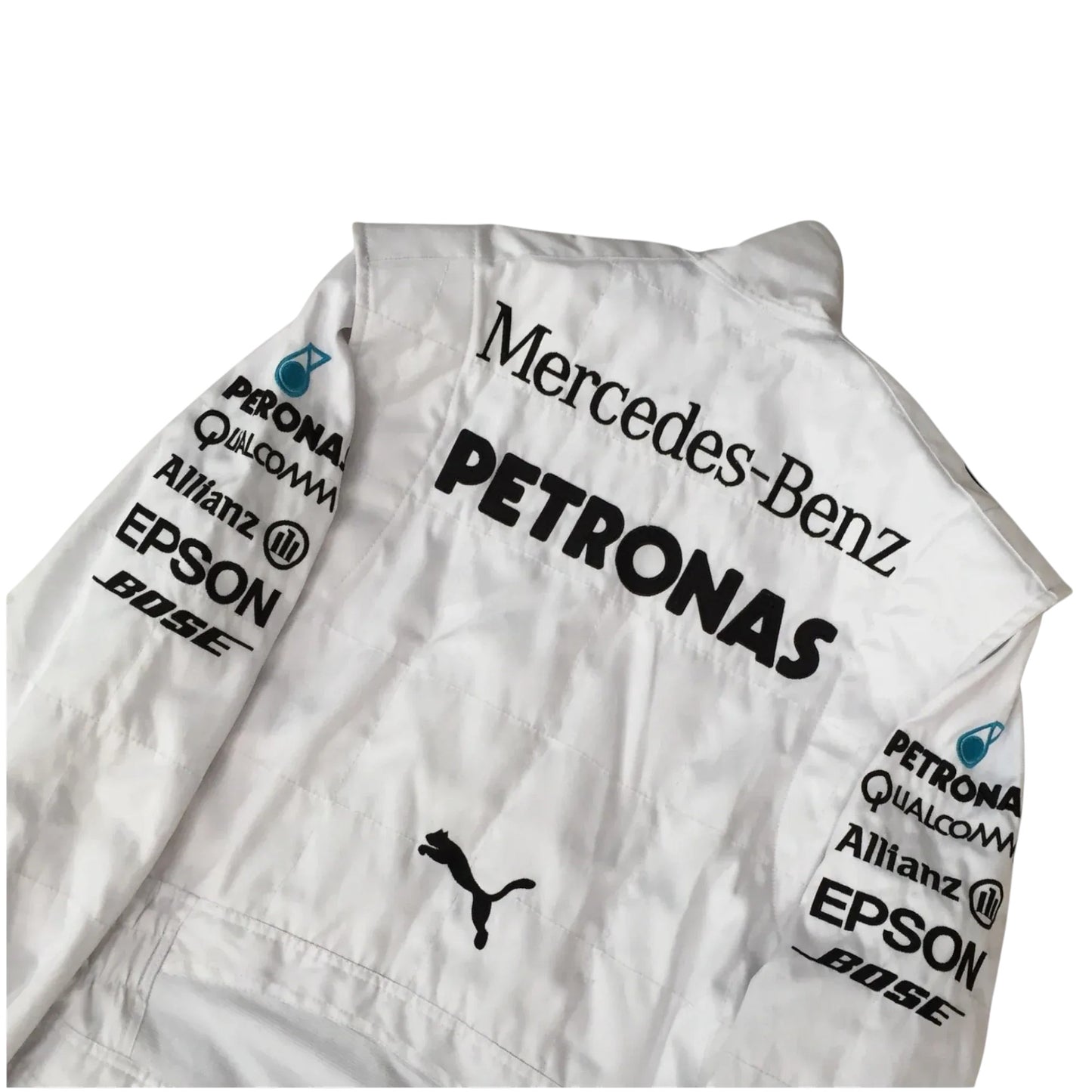 Back view of 2015 Lewis Hamilton Mercedes AMG embroidered F1 race suit with Formula 1 styling