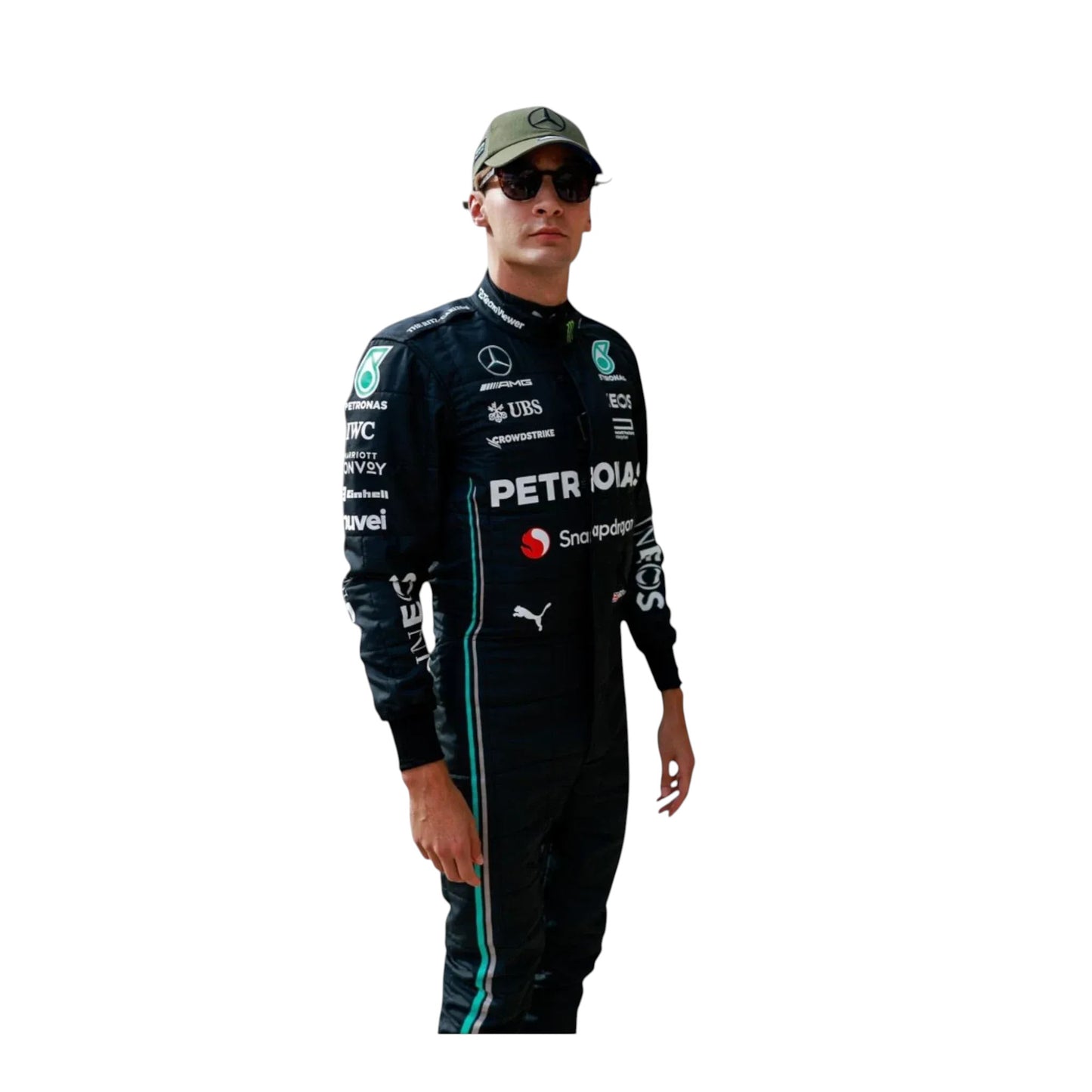Detailed view of Mercedes-AMG Petronas F1 race suit design