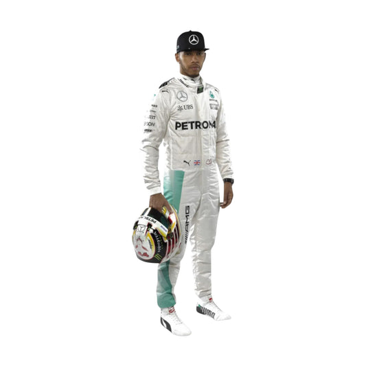 Front view of 2016 Lewis Hamilton Mercedes Petronas F1 race suit inspired by championship season