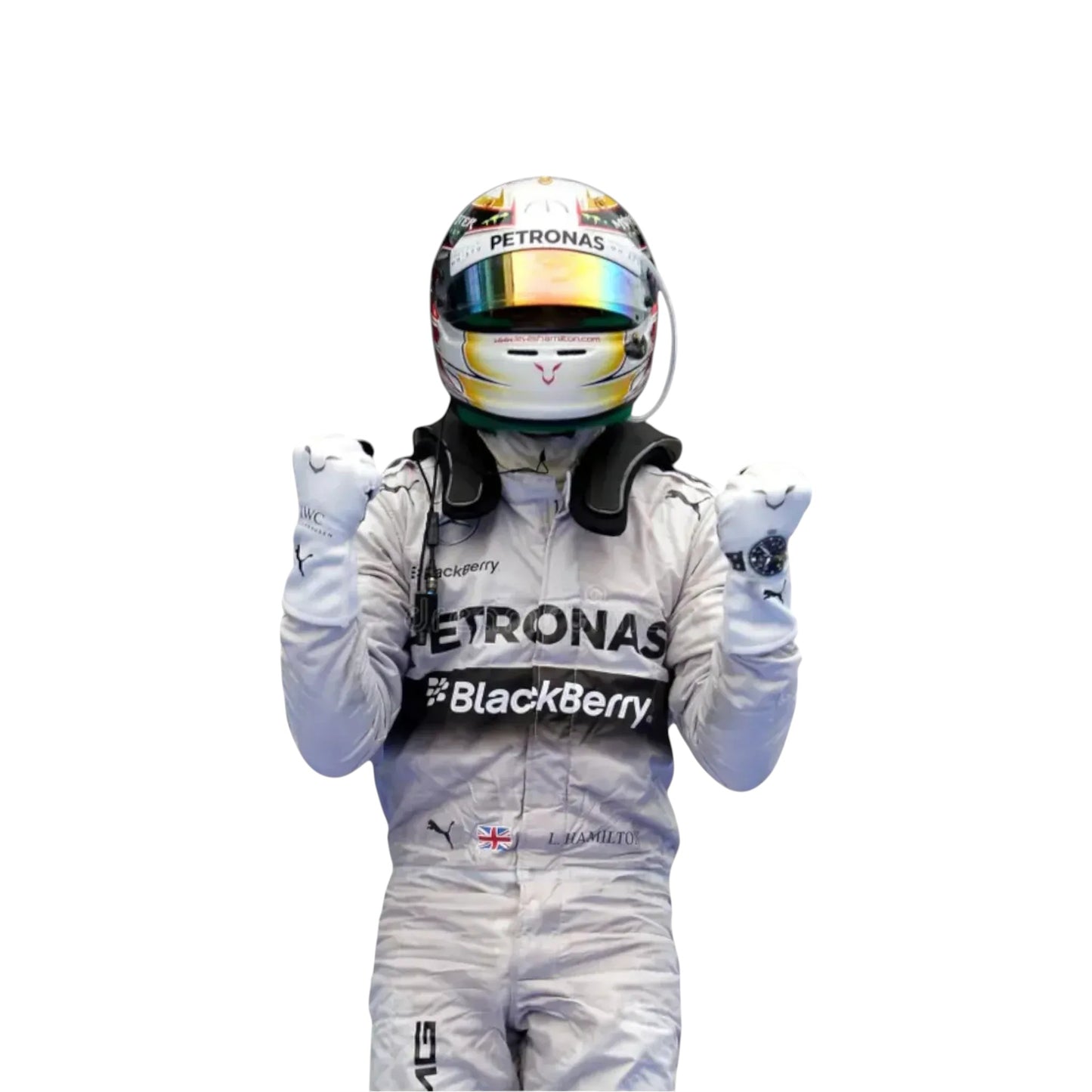Full body view of 2014 Lewis Hamilton Mercedes Petronas F1 race suit for motorsport use