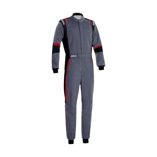 “Gray racing suit with black and red accents displayed on a plain white background.”