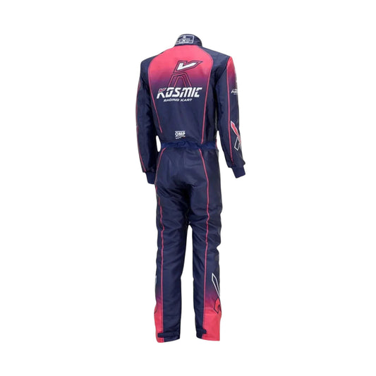 Kosmic 2020 go-kart navy and red racing suit with Kosmic branding, displayed on a clean white background.