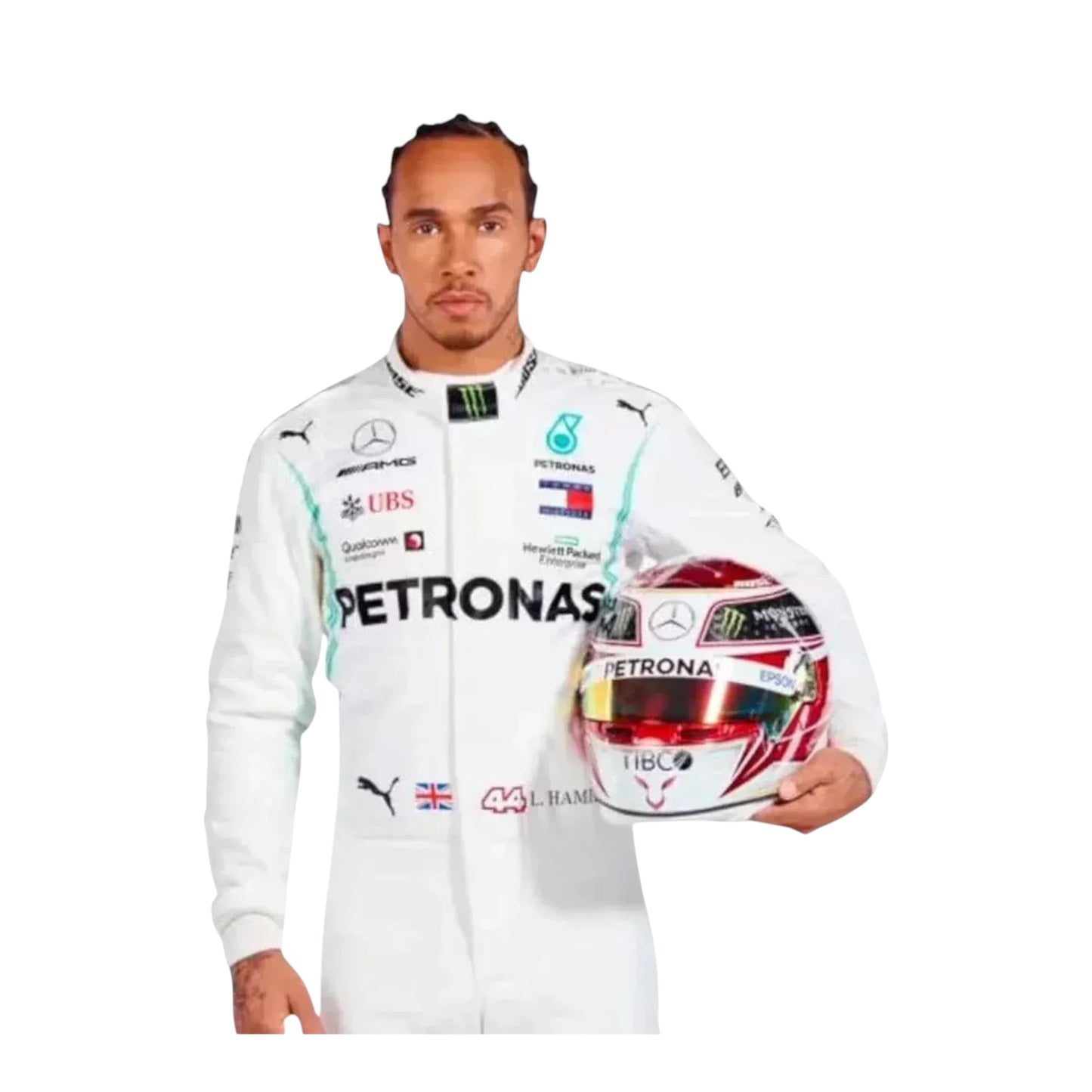 Lewis Hamilton 2019 Team Petronas Mercedes Formula 1 race suit front view