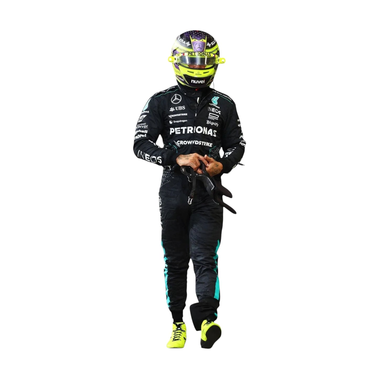 Lewis Hamilton Mercedes F1 2024 race suit display