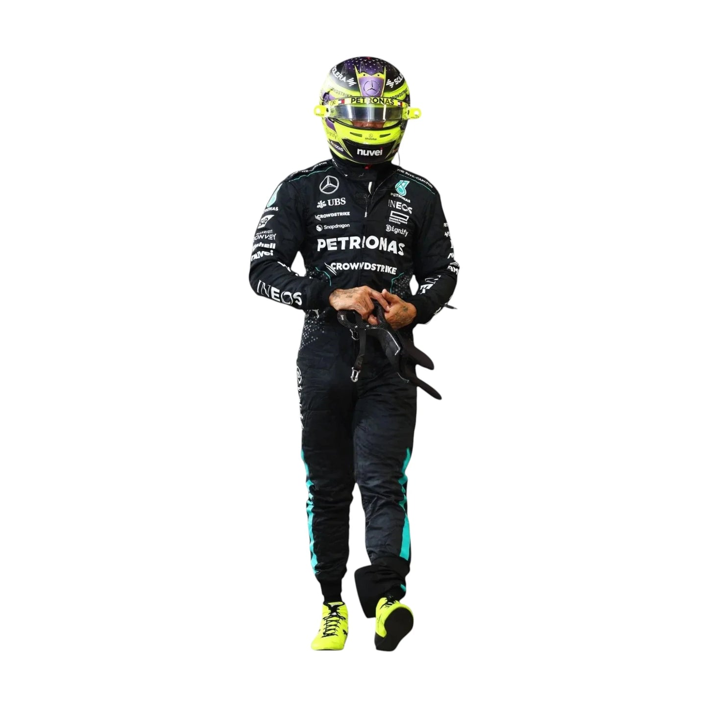 Lewis Hamilton Mercedes F1 2024 race suit display
