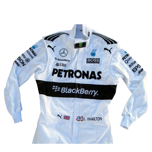 Logo close up of 2015 Lewis Hamilton Mercedes AMG embroidered F1 race suit embroidery detail