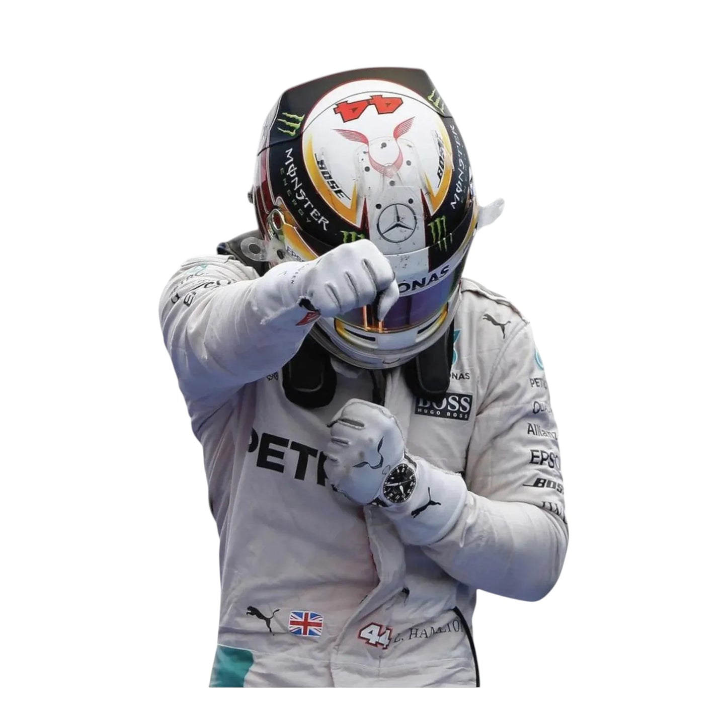 Logo close up of 2016 Lewis Hamilton Mercedes Petronas F1 race suit branding detail