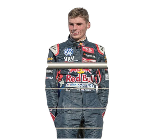 Max Verstappen wearing a Red Bull F1 racing suit with various sponsor logos, standing against a plain white background.