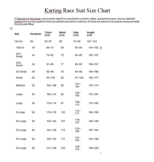 SizeChartSpeedLineRacewear