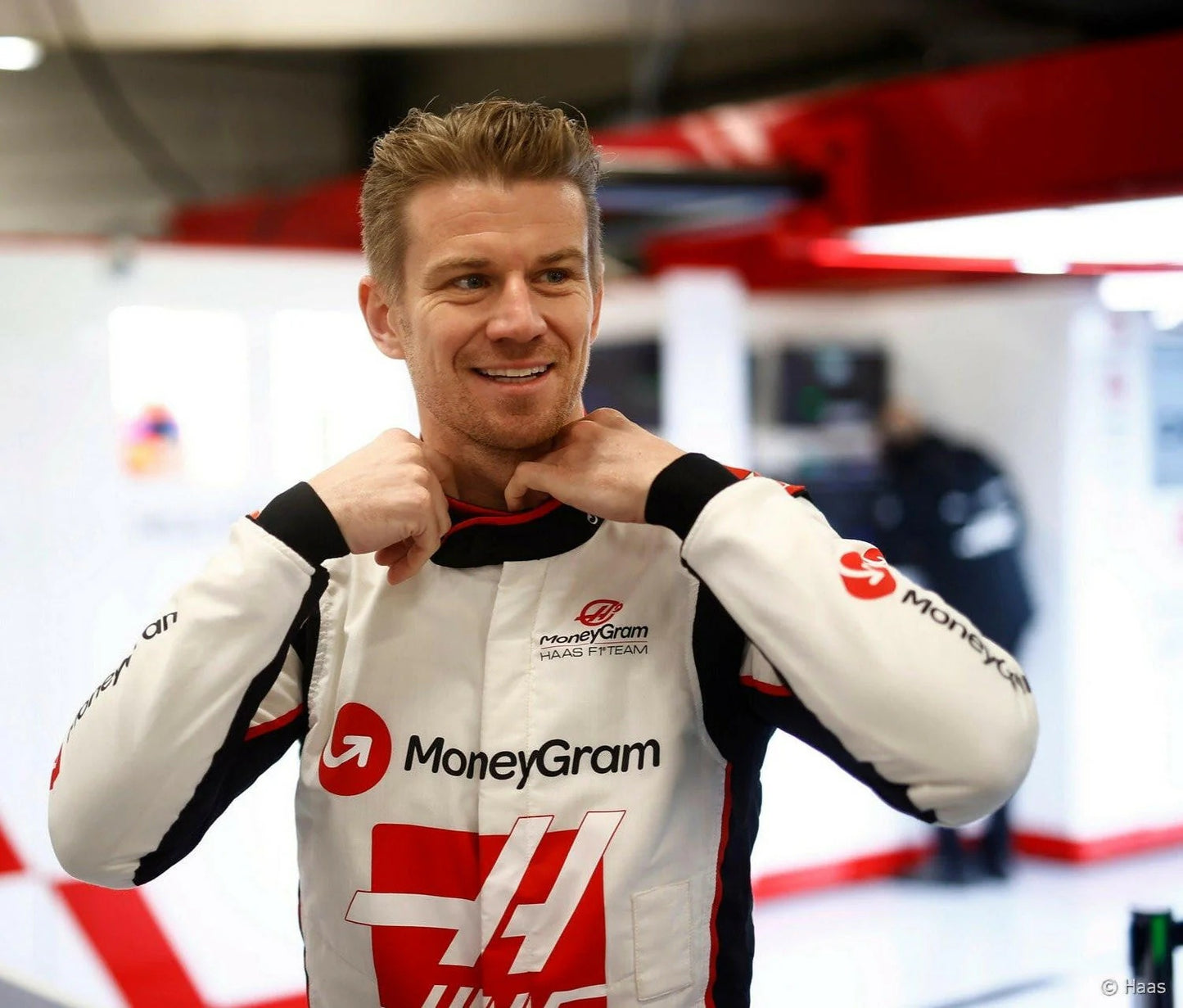 Side view of Nico Hülkenberg Haas 2024 F1 racing suit