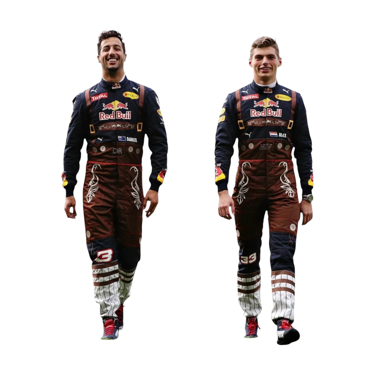 2016 Max Verstappen Austrian GP Red Bull F1 Racing Suit alongside another Formula 1 driver, both wearing Red Bull racing suits on a plain white background.”