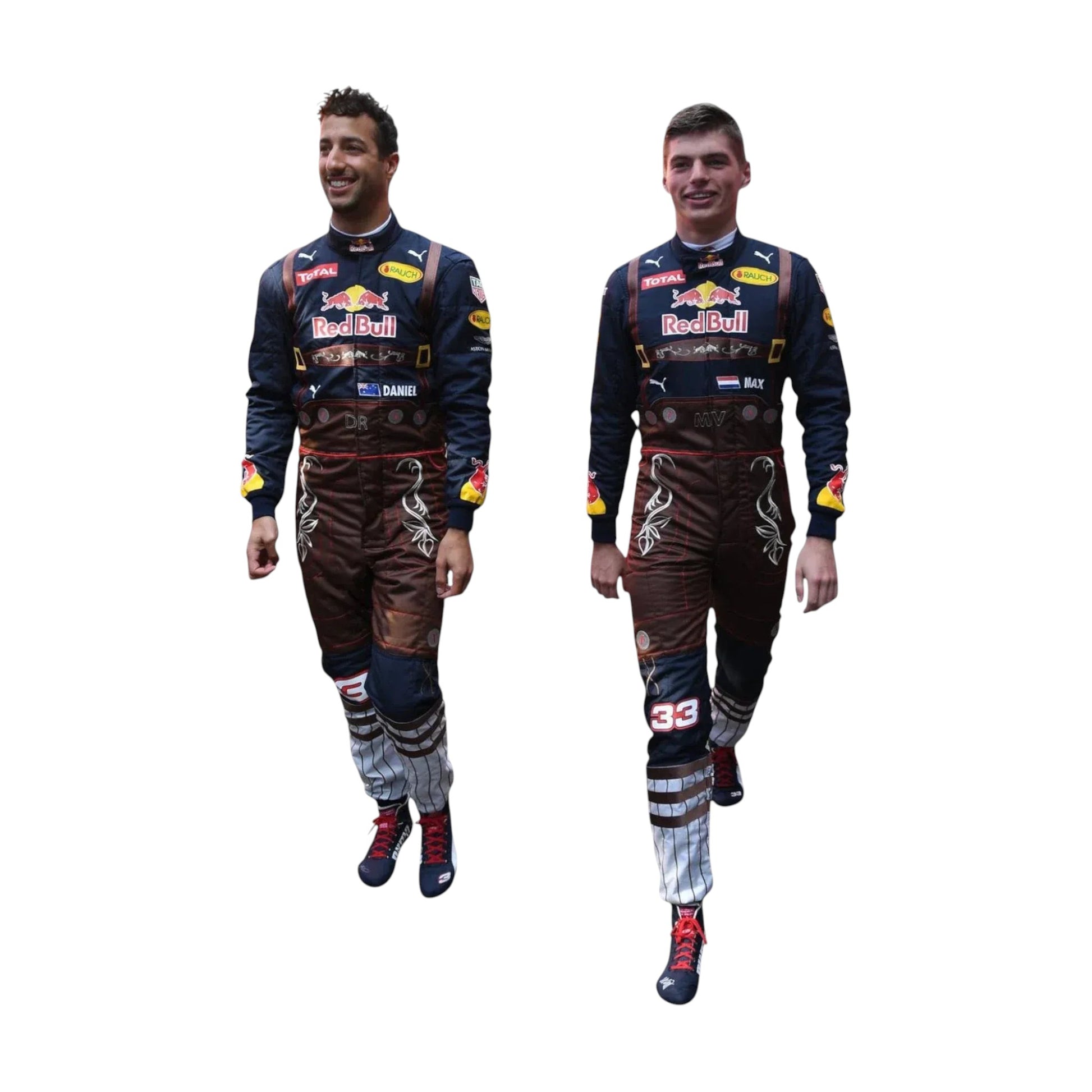 2016 Max Verstappen Austrian GP Red Bull F1 Racing Suit alongside another individual, both wearing Red Bull racing suits on a plain white background.”