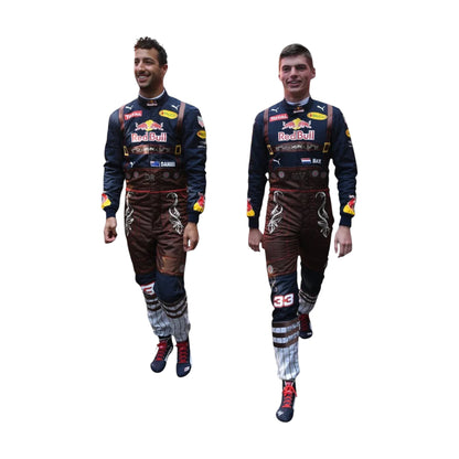 2016 Max Verstappen Austrian GP Red Bull F1 Racing Suit alongside another individual, both wearing Red Bull racing suits on a plain white background.”