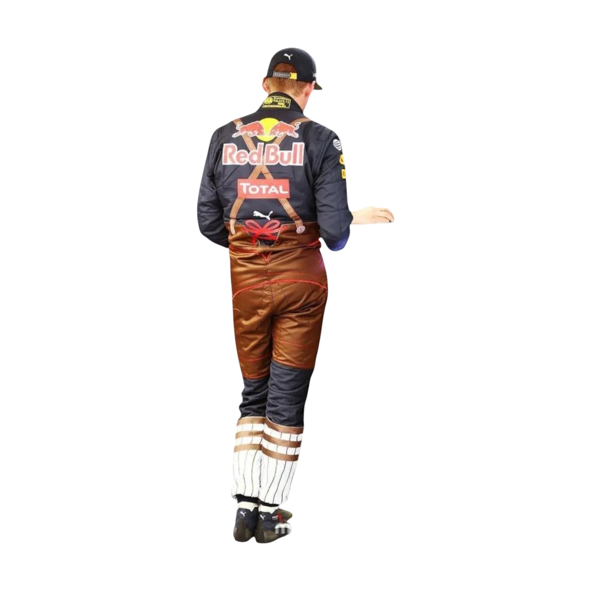 2016 Max Verstappen Austrian GP Red Bull F1 Racing Suit shown on a person standing against a plain white background.”