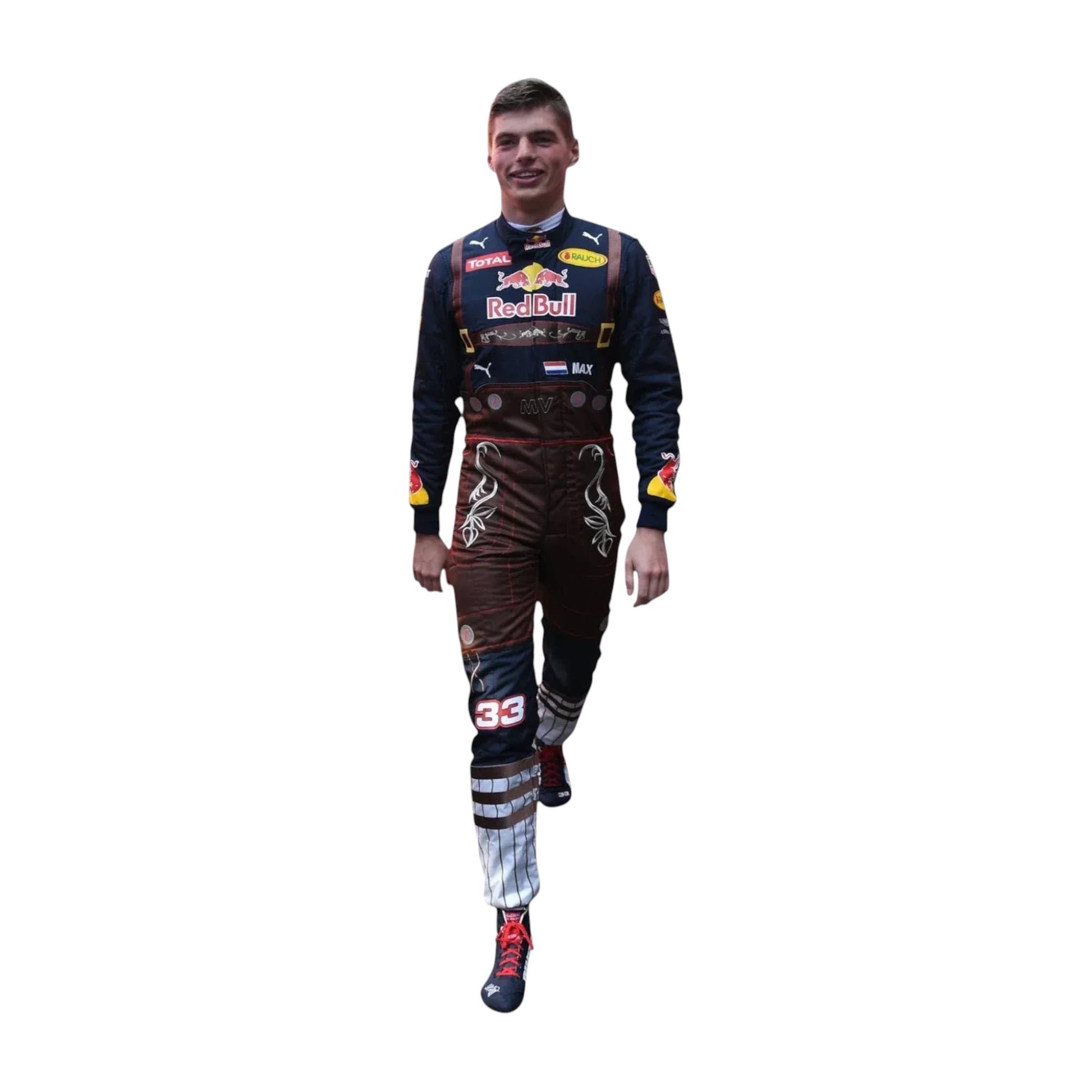 “2016 Max Verstappen Austrian GP Red Bull F1 Racing Suit with Red Bull branding on a plain white background.”
