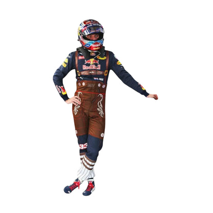 “2016 Max Verstappen Austrian GP Red Bull F1 Racing Suit with a Red Bull helmet on a plain white background.”