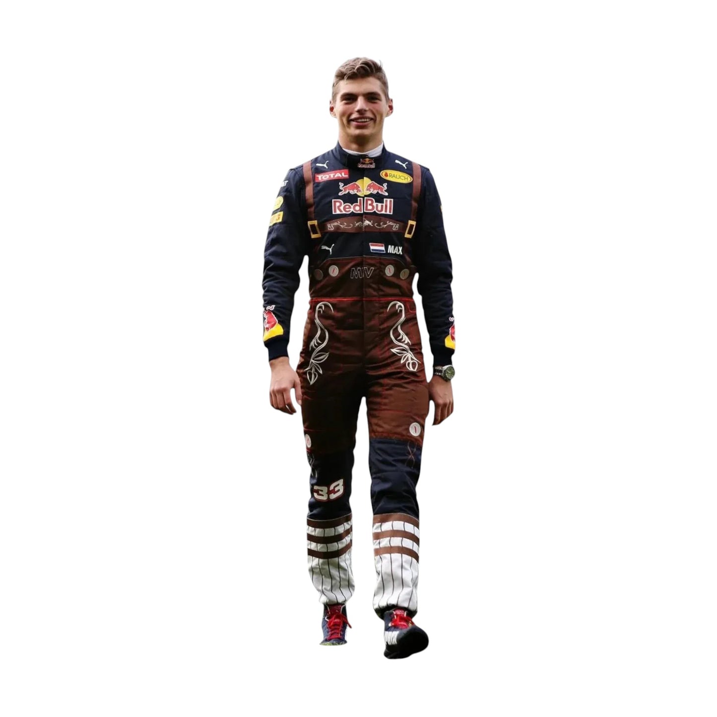 “2016 Max Verstappen Austrian GP Red Bull F1 Racing Suit with visible branding, shown on a plain white background.”