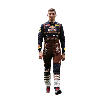 “2016 Max Verstappen Austrian GP Red Bull F1 Racing Suit with visible branding, shown on a plain white background.”