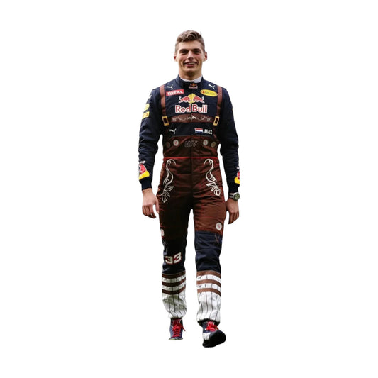 “2016 Max Verstappen Austrian GP Red Bull F1 Racing Suit with visible branding, shown on a plain white background.”
