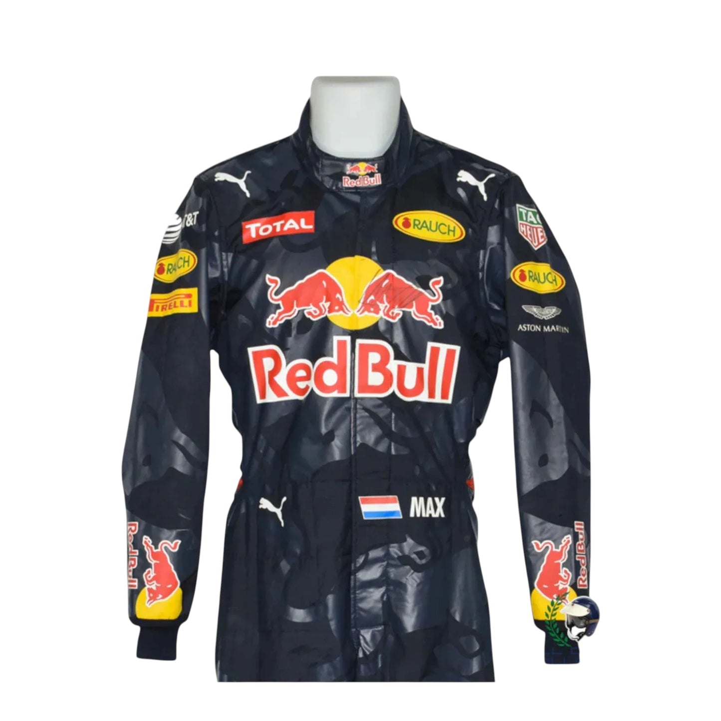 2016 Max Verstappen Italian GP Red Bull Racing F1 black suit featuring Red Bull and Puma logos on a plain white background.”