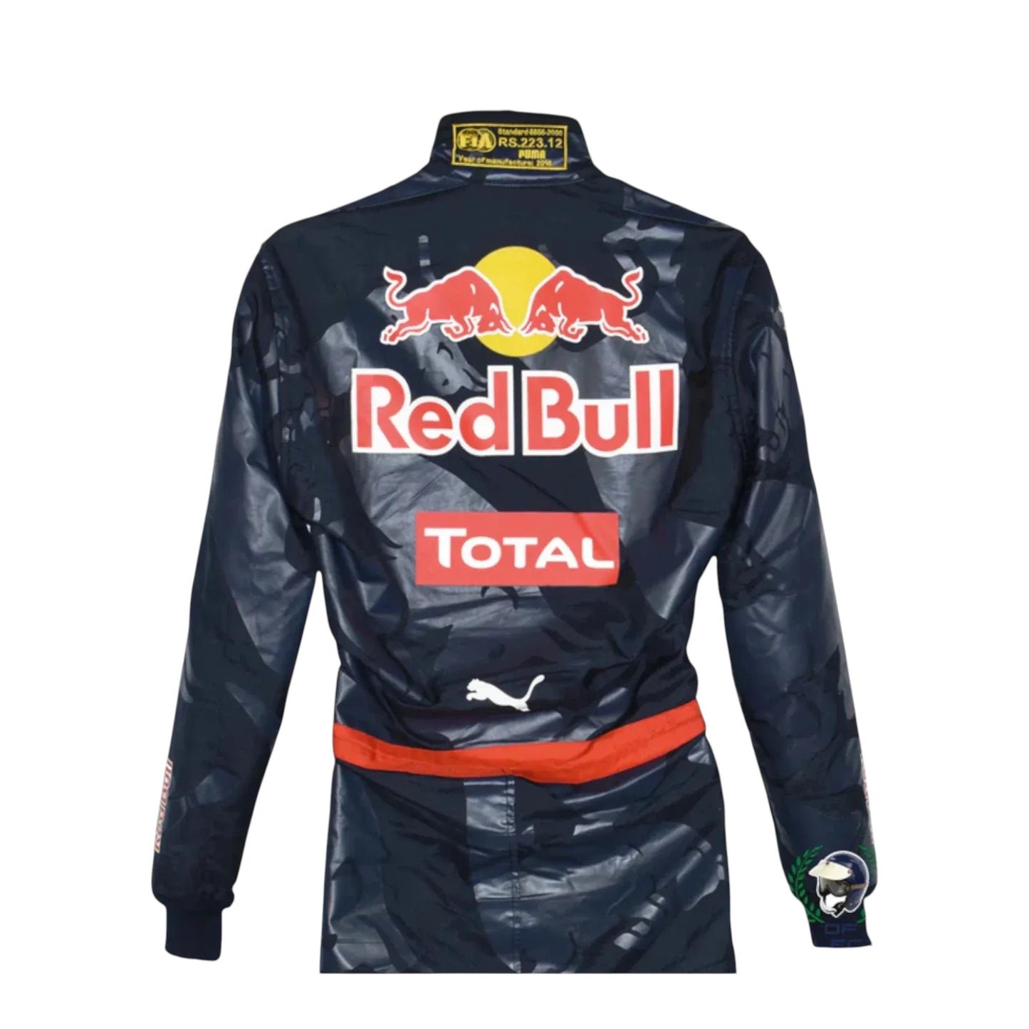 2016 Max Verstappen Italian GP Red Bull Racing F1 suit in black, featuring Red Bull and Total logos on a plain white background.”