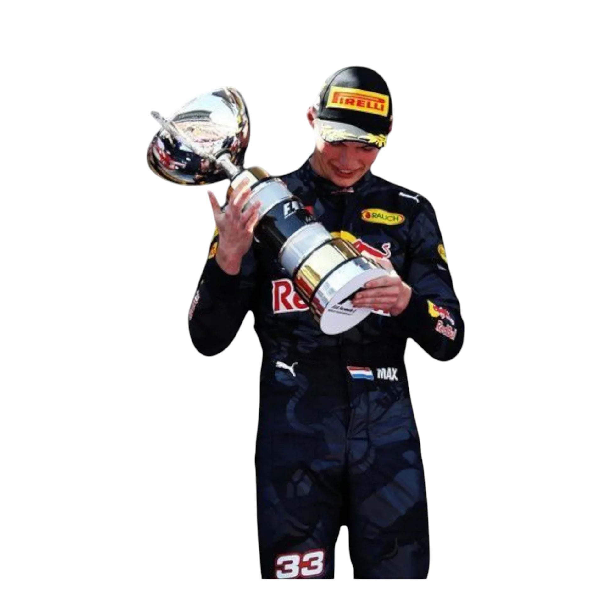 “2016 Max Verstappen Italian GP Red Bull Racing F1 suit, with the driver holding a trophy on a plain white background.”