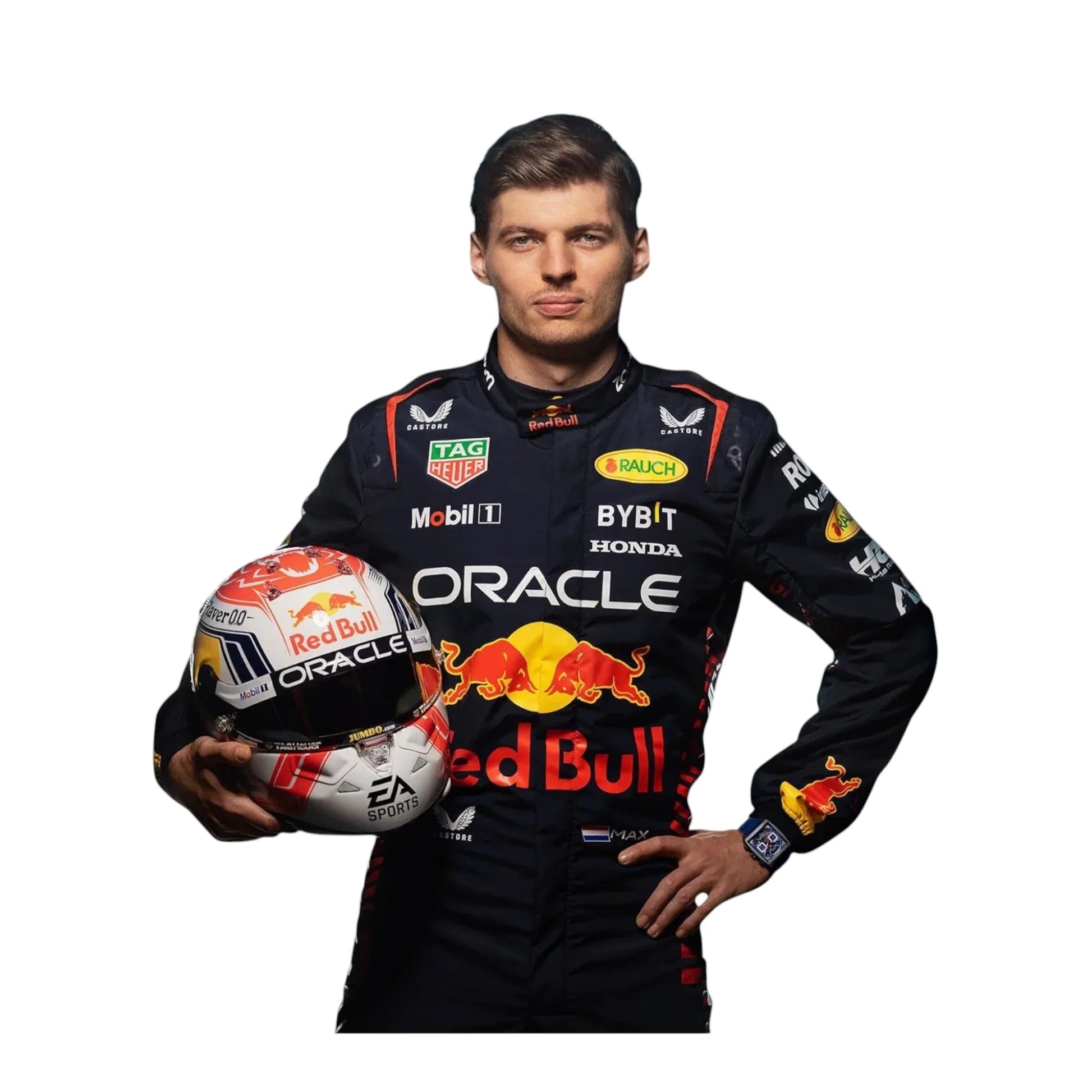 “2023 F1 racing driver in Red Bull styled suit holding helmet – high-quality studio photo”