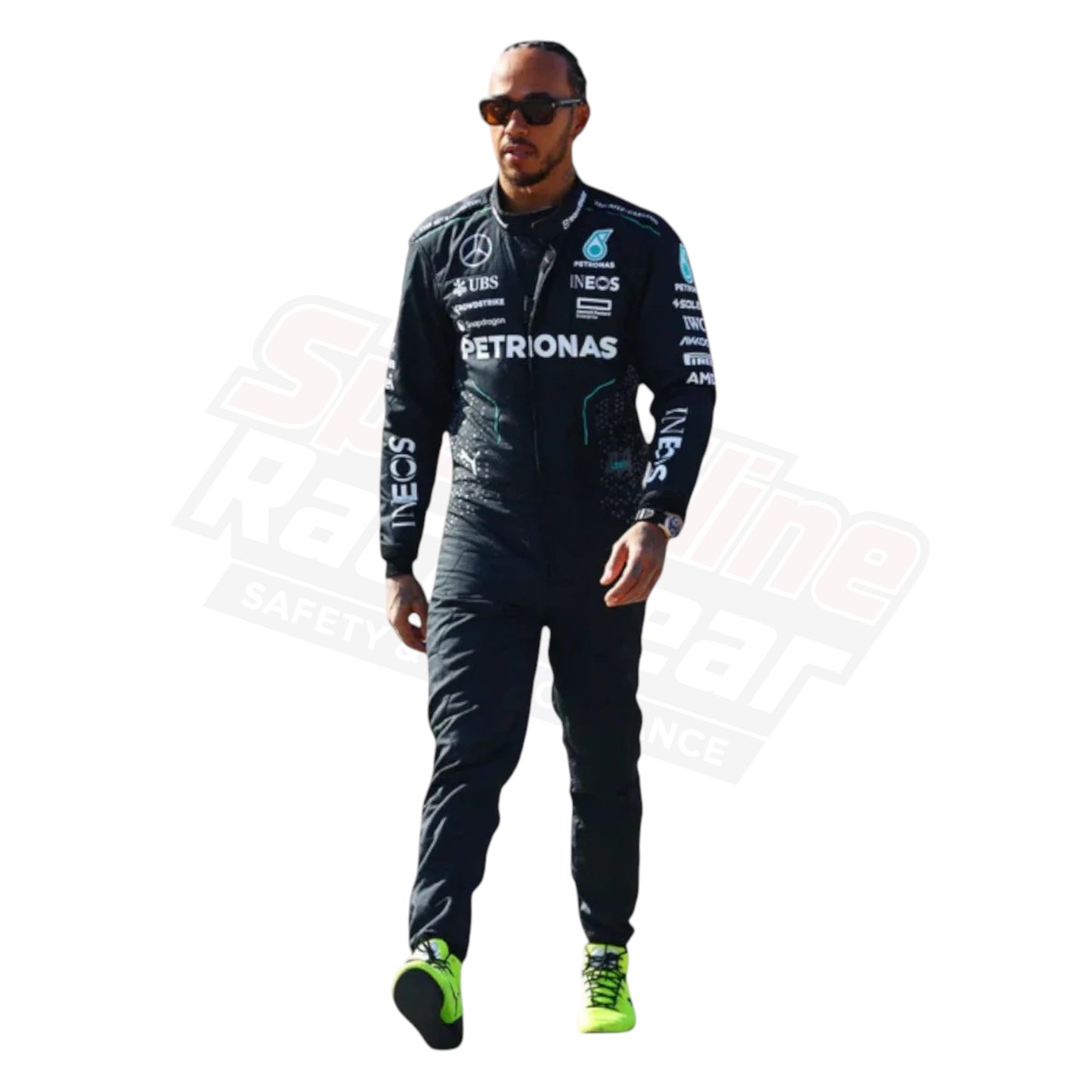 Racer dressed in a black racing suit with visible brand logos, standing against a white background.
