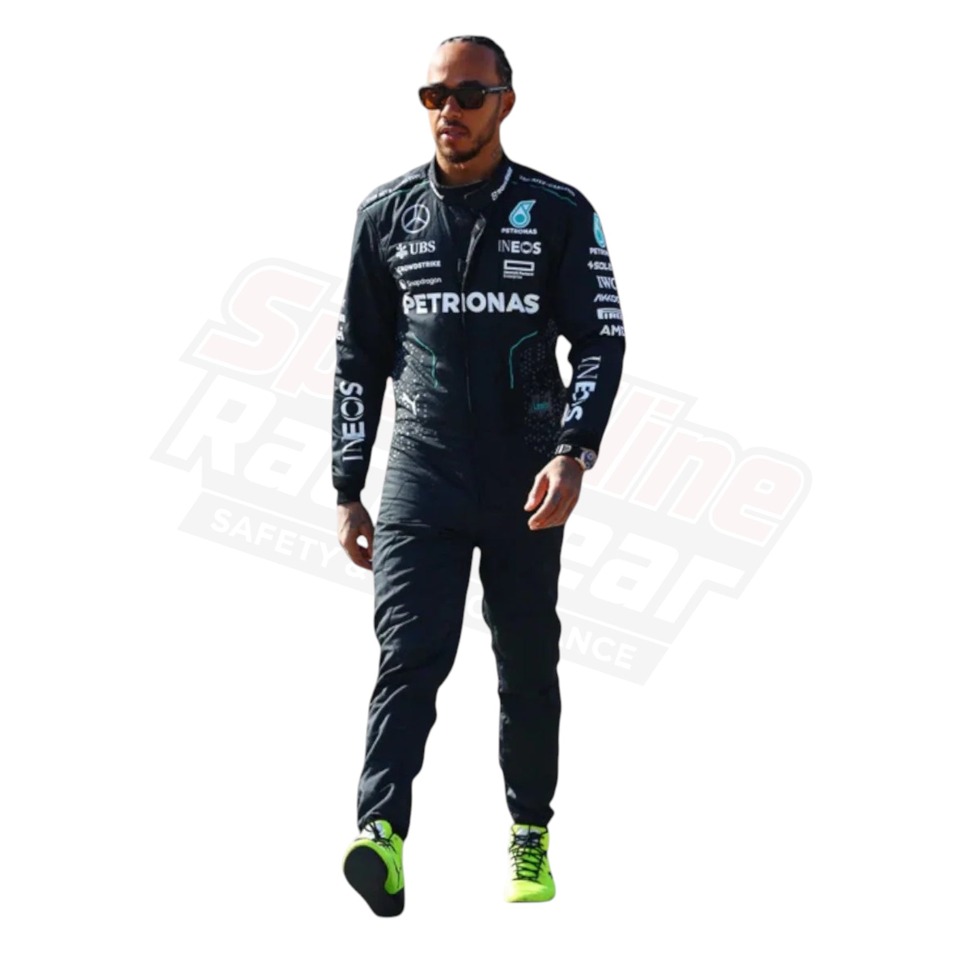 Racer dressed in a black racing suit with visible brand logos, standing against a white background.