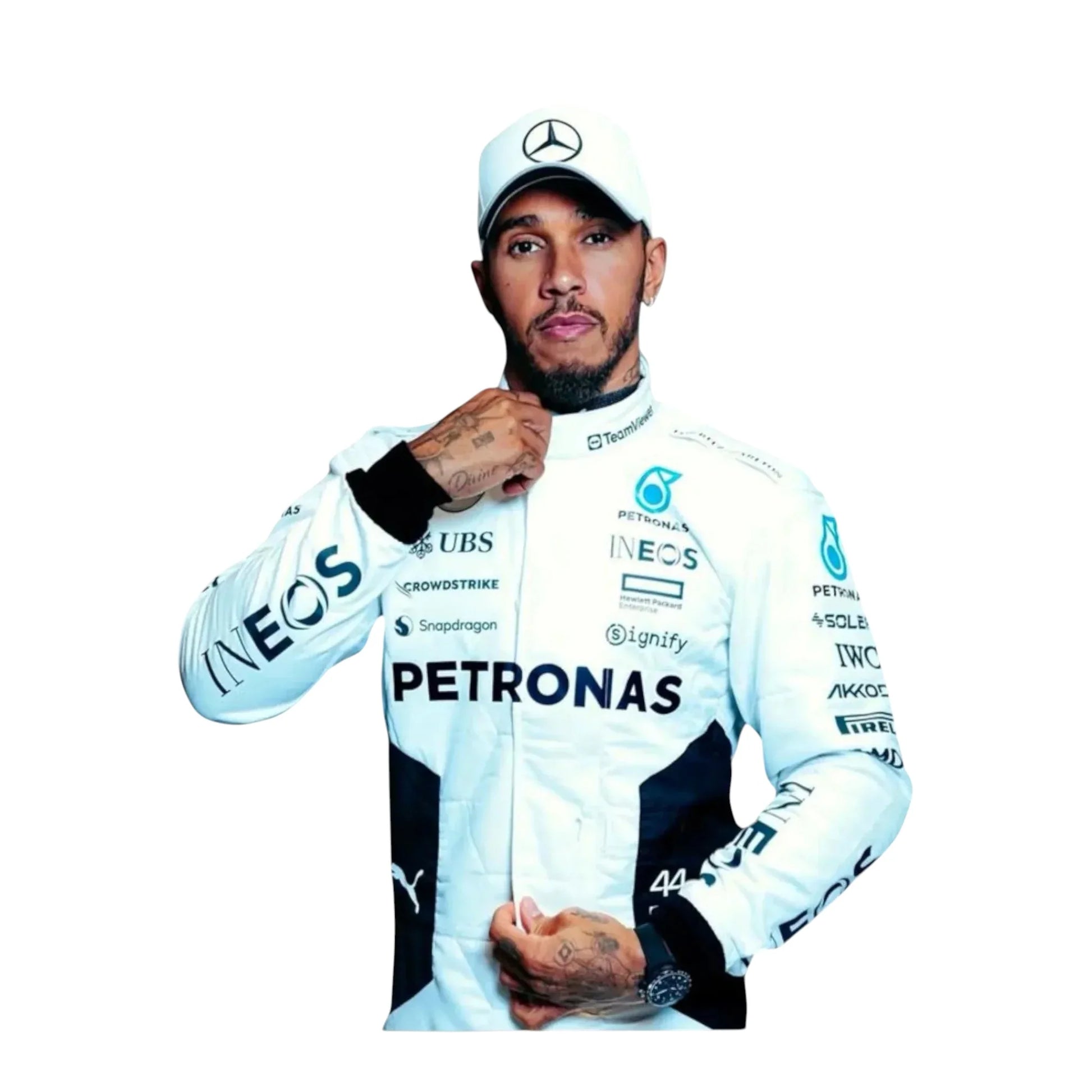 2024 Lewis Hamilton Qatar GP white F1 race suit front view