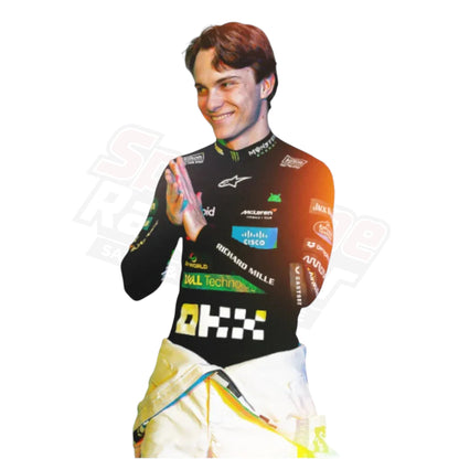 Cardboard cutout of a person in a racing suit featuring multiple sponsor logos, displayed against a white background.