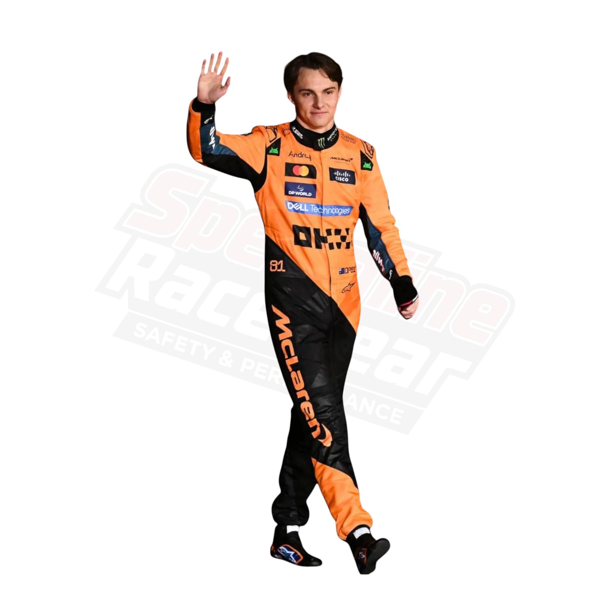 Driver wearing an orange and black racing suit with branded logos, standing against a white background.