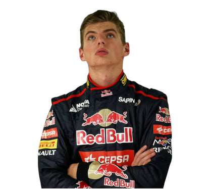 A person wearing a Red Bull racing suit, standing against a plain white background.