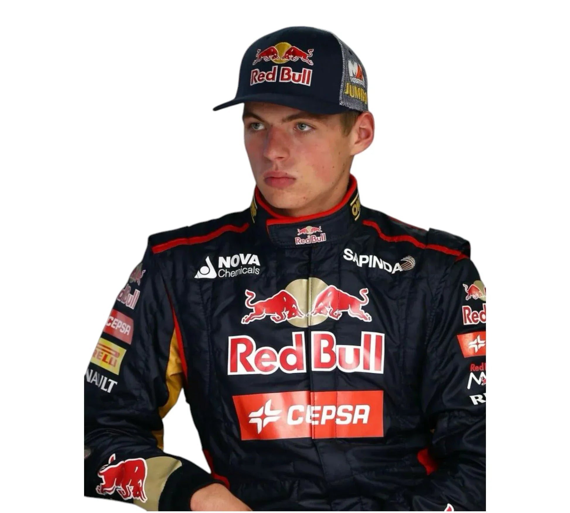 A person wearing a racing suit featuring Red Bull and various sponsor logos, standing against a plain white background.