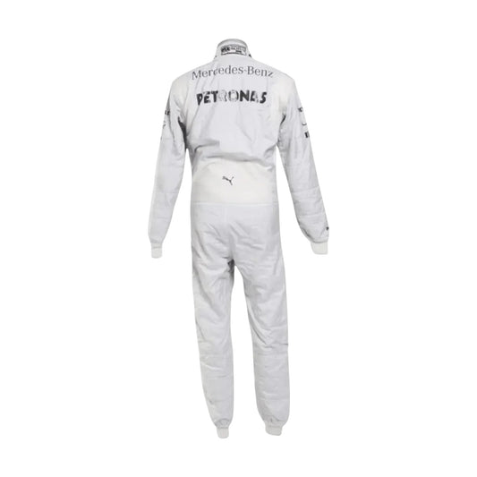 Back view of 2014 Lewis Hamilton Mercedes Petronas F1 race suit showing authentic Formula 1 design