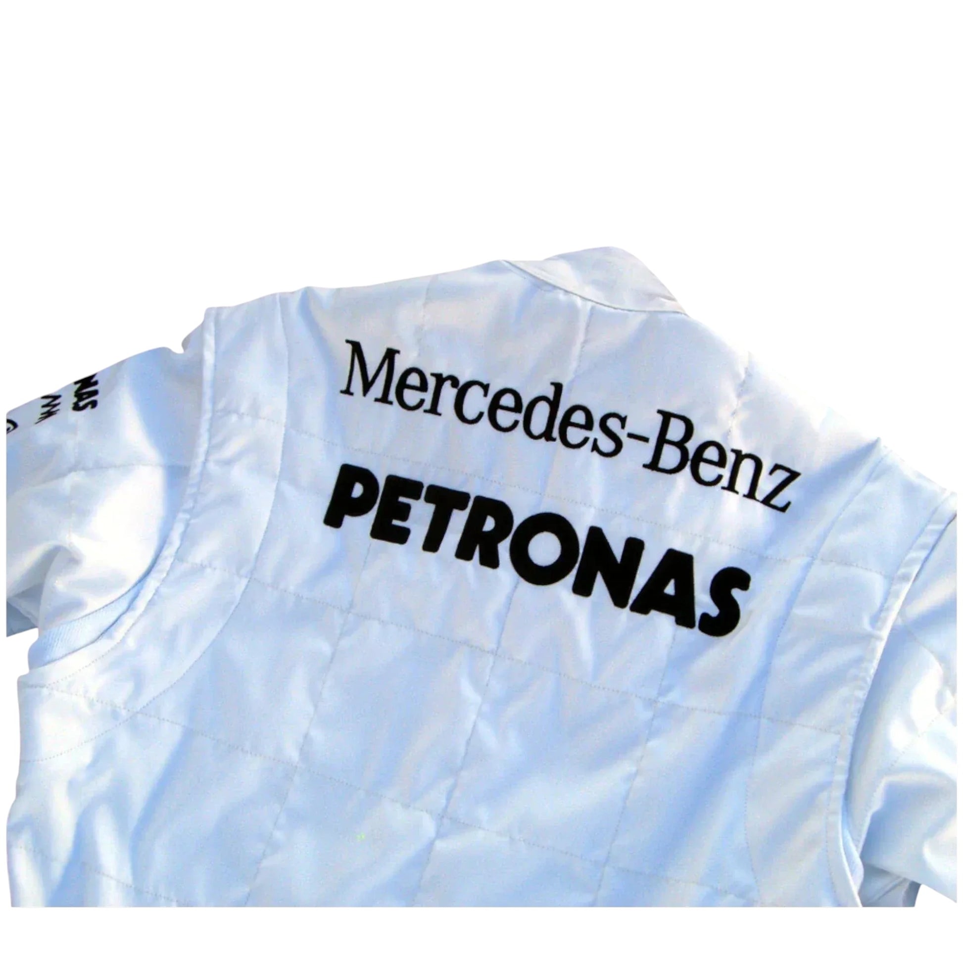 Back view of 2015 Lewis Hamilton Mercedes AMG embroidered F1 race suit with Formula 1 styling