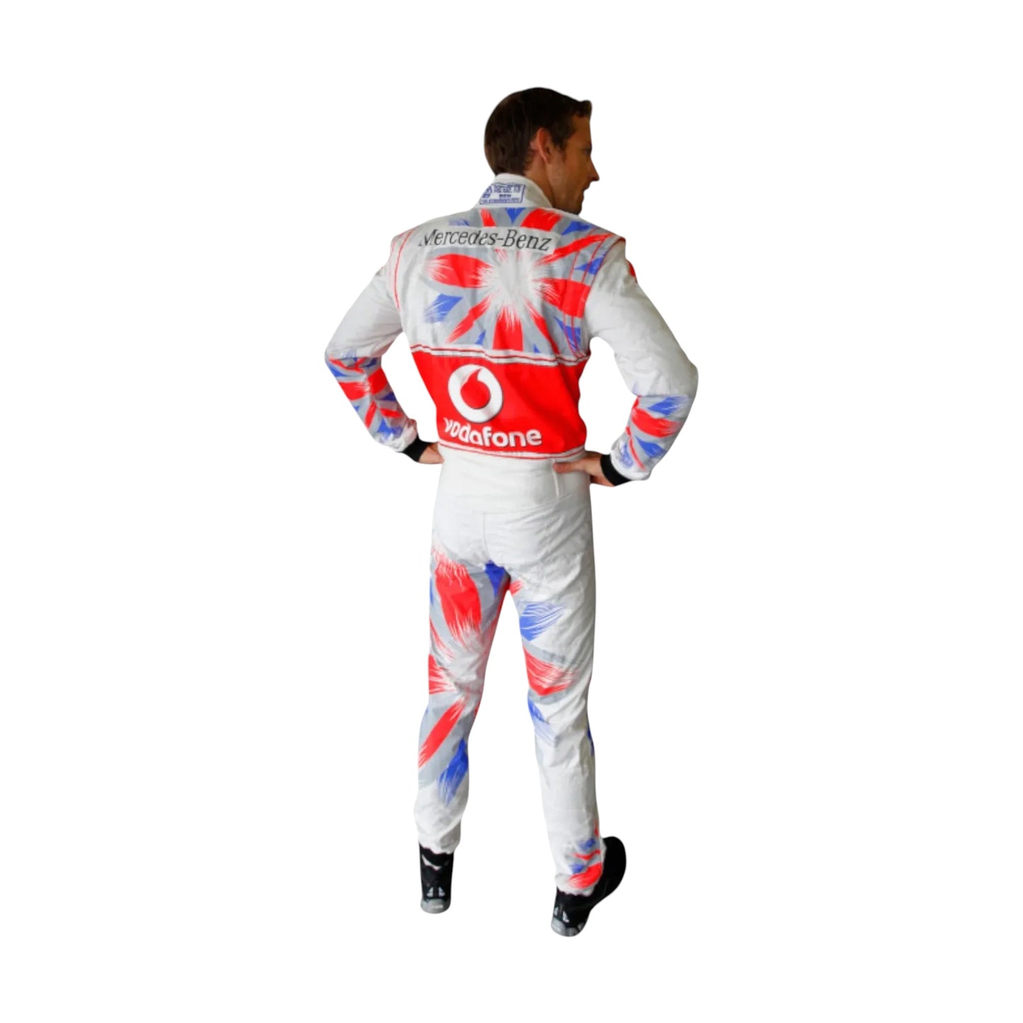 Back view showing branding on Lewis Hamilton Vodafone Mercedes-Benz F1 racing suit