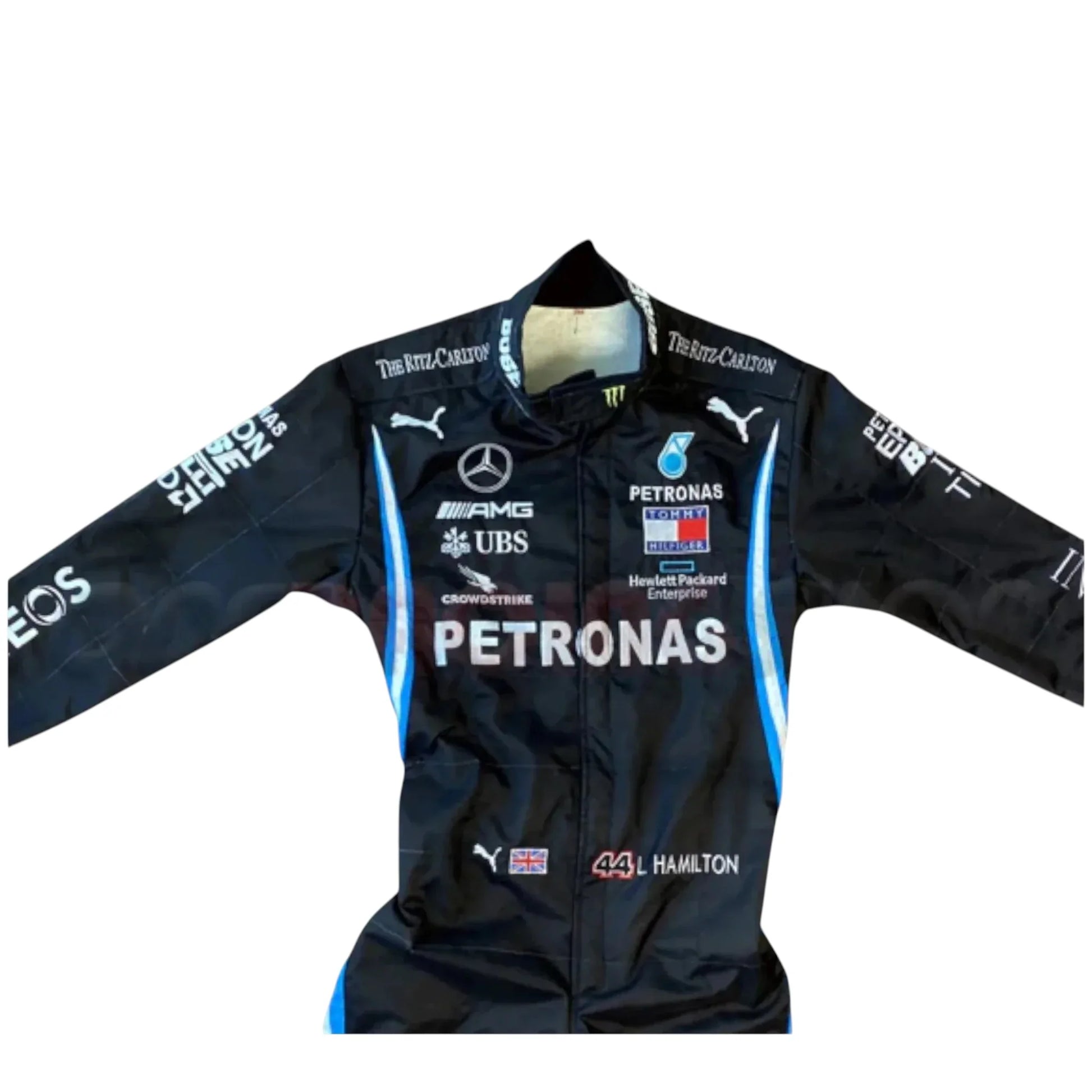 Black Mercedes-AMG Petronas F1 race suit embroidery close up