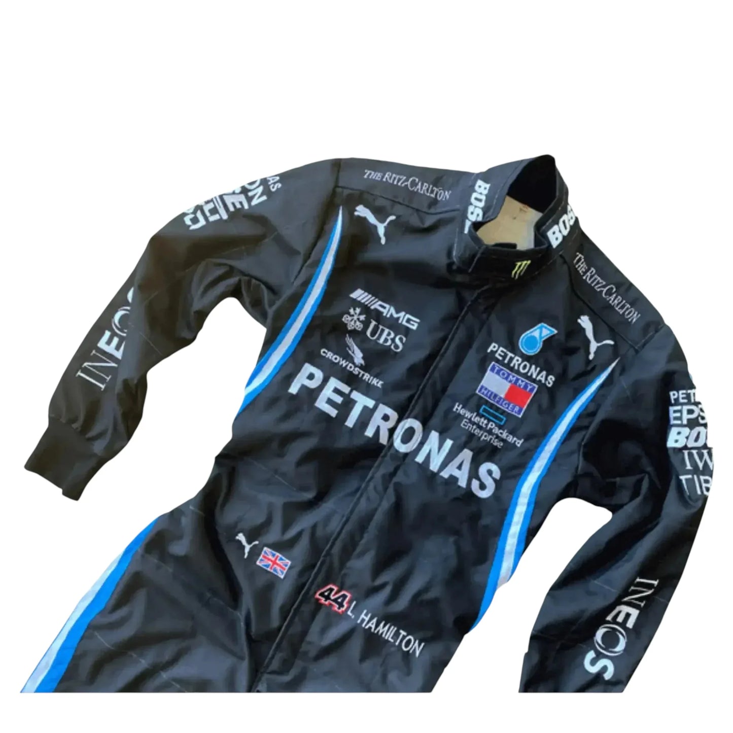 Black Mercedes-AMG Petronas F1 race suit embroidery close up