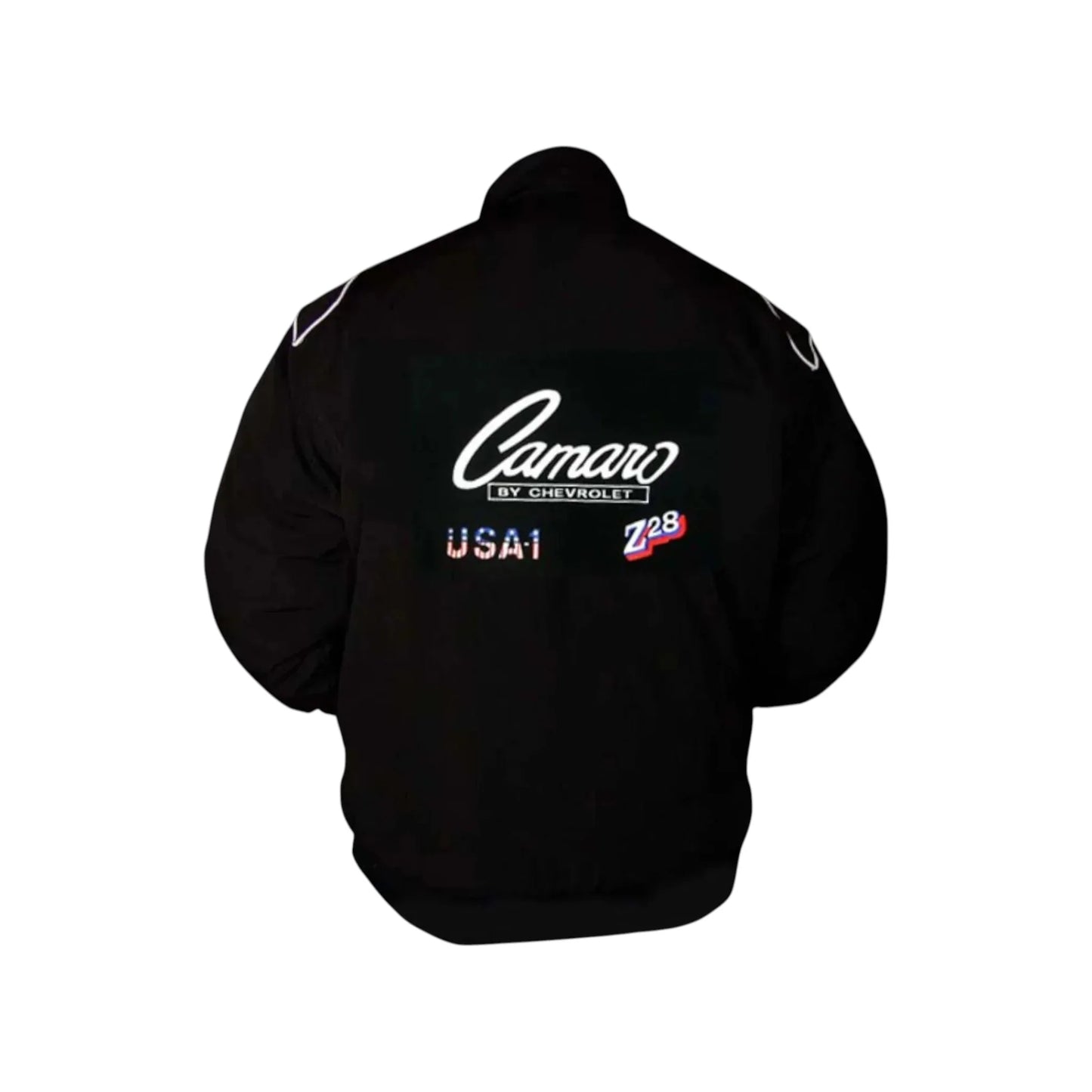 Black jacket with 'Camaro by Chevrolet Z/28' text on the back against a white background