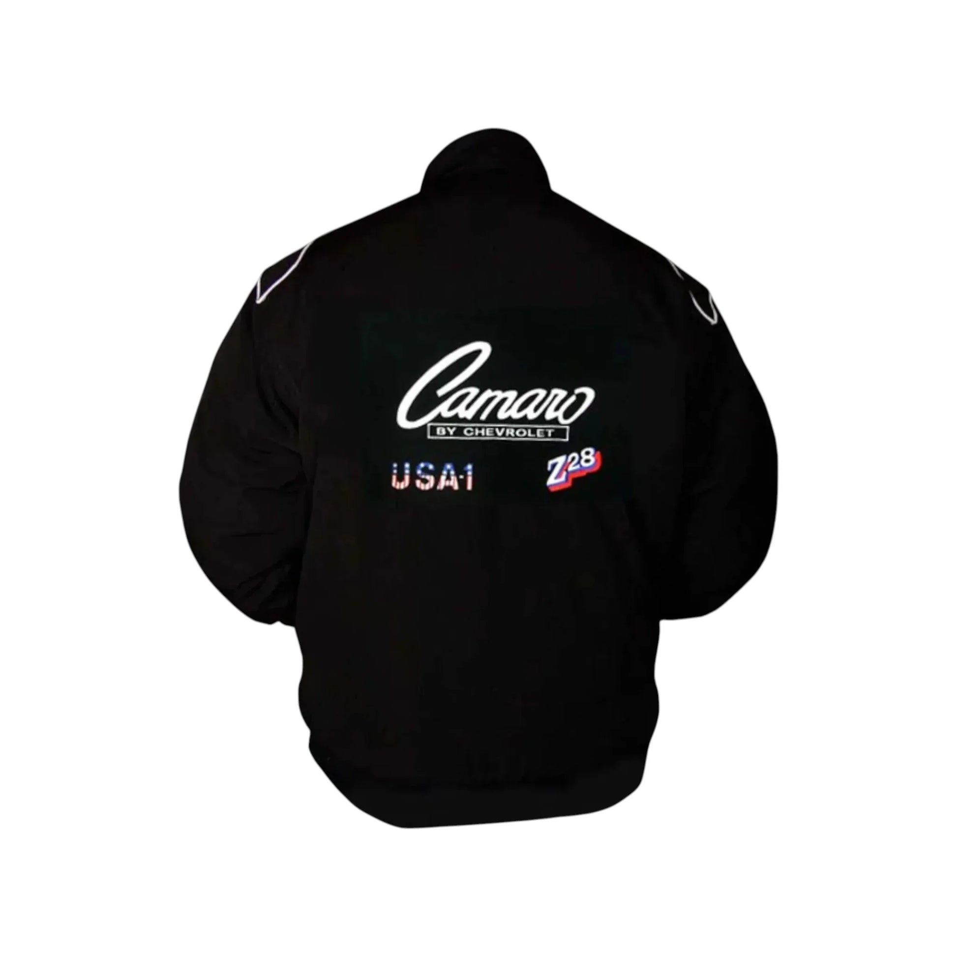 Black jacket with 'Camaro by Chevrolet Z/28' text on the back against a white background