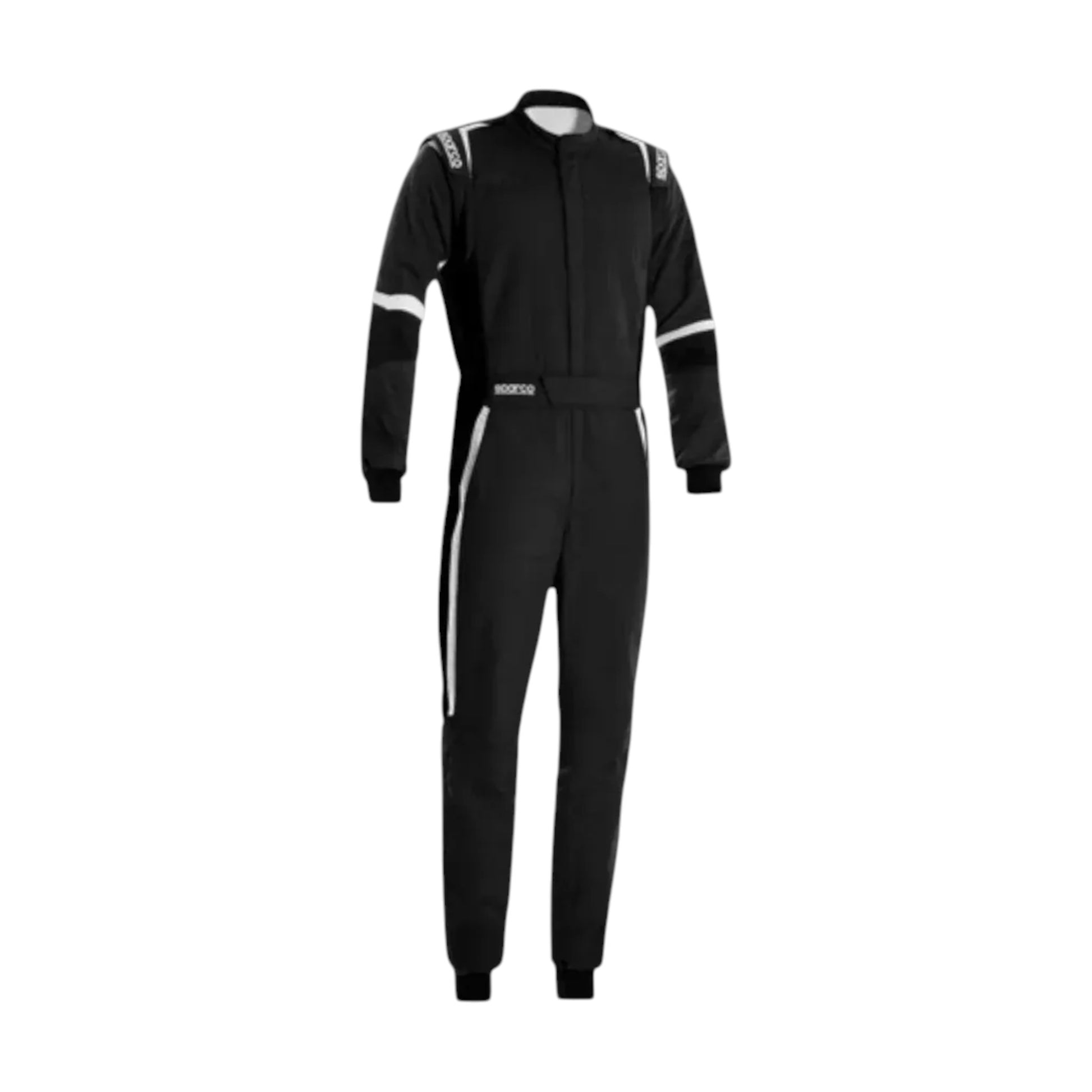 “Black racing suit with white accents displayed on a plain white background.”