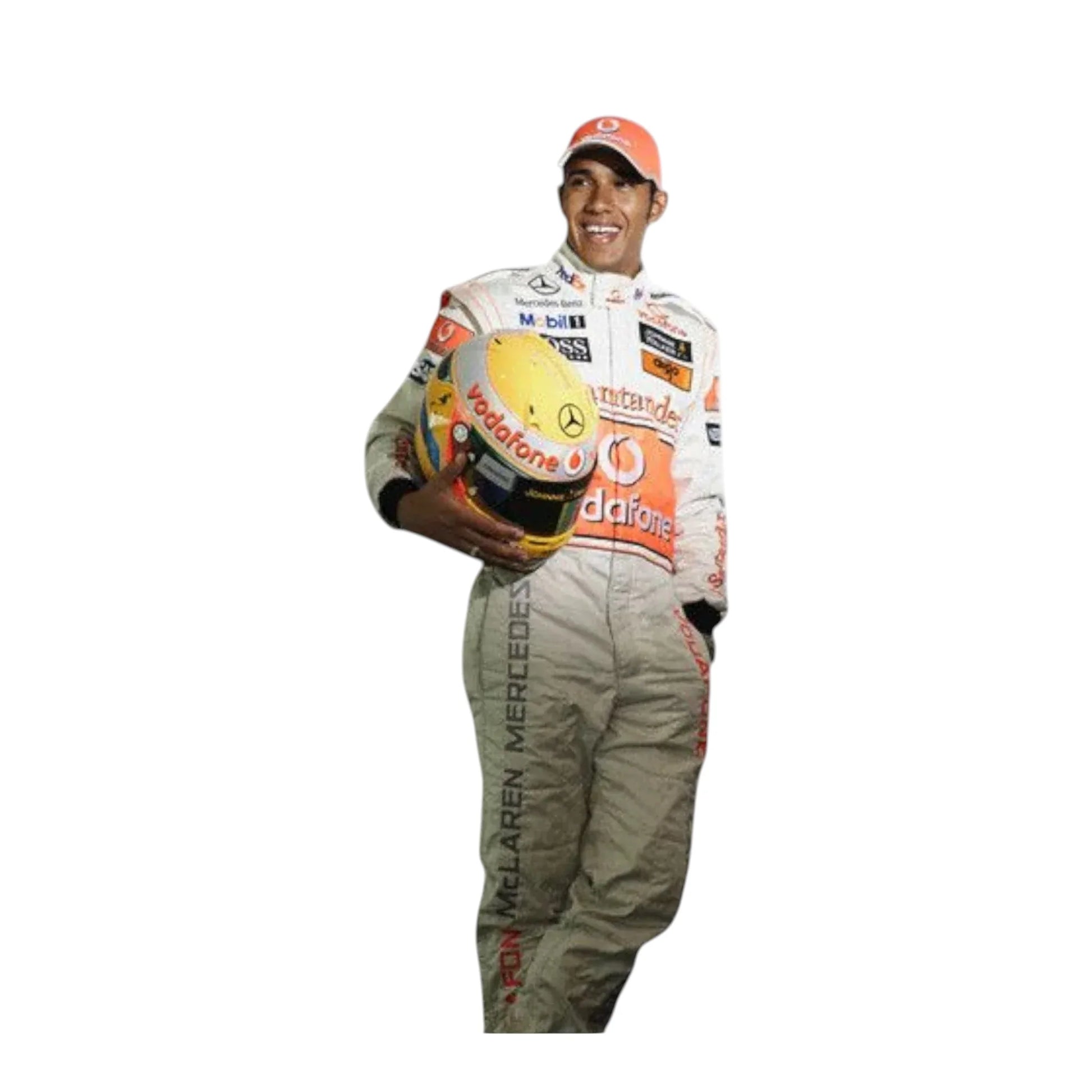 Close-up embroidery detail of McLaren logos on Lewis Hamilton 2008 F1 race suit