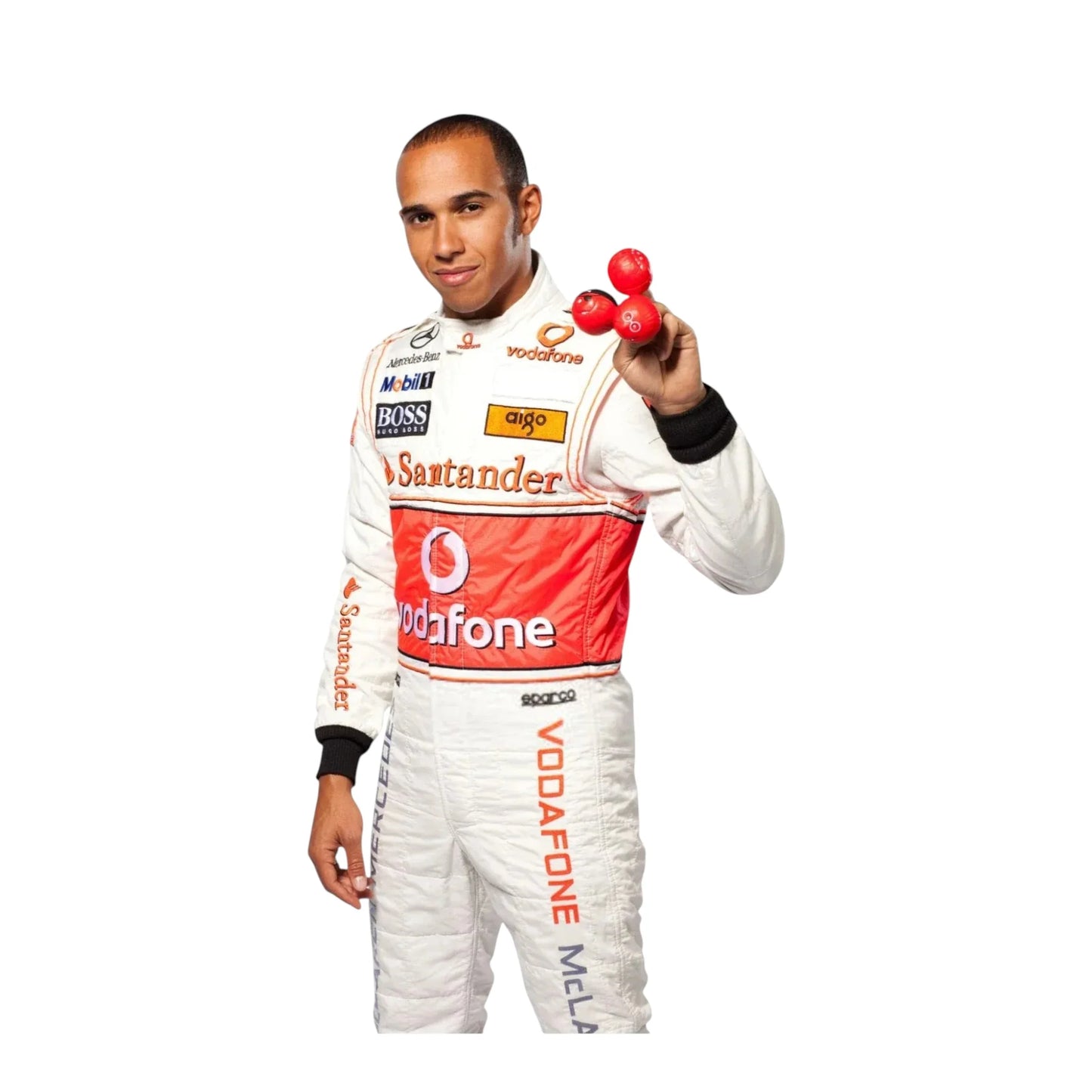 Close-up embroidery detail of McLaren logos on Lewis Hamilton 2008 F1 race suit