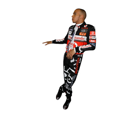 Close-up embroidery of Vodafone McLaren Mercedes logos on F1 suit