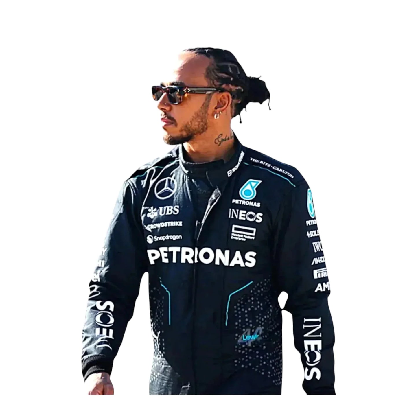 Close-up fabric texture of Lewis Hamilton 2024 F1 race suit