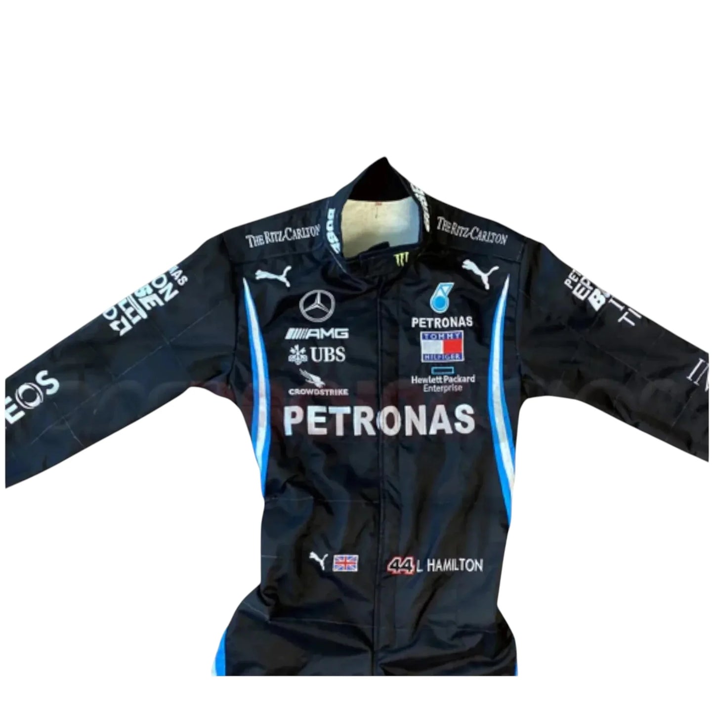 Close-up of 2021 Lewis Hamilton Mercedes F1 embroidered race suit fabric